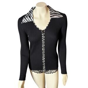 Belldini Black with Zebra Collar and Bling Zip Women's Stretch Knit Cardigan